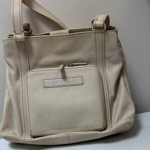Fossil Cream Leather Tote with Front Zip Pocket